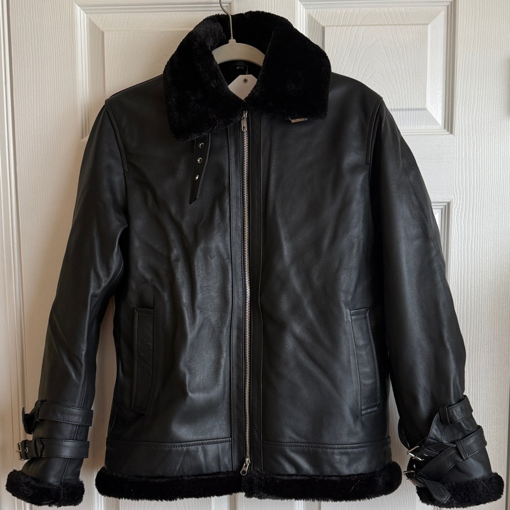 Women's Black Faux Leather Motorcycle Jacket with Fur Collar